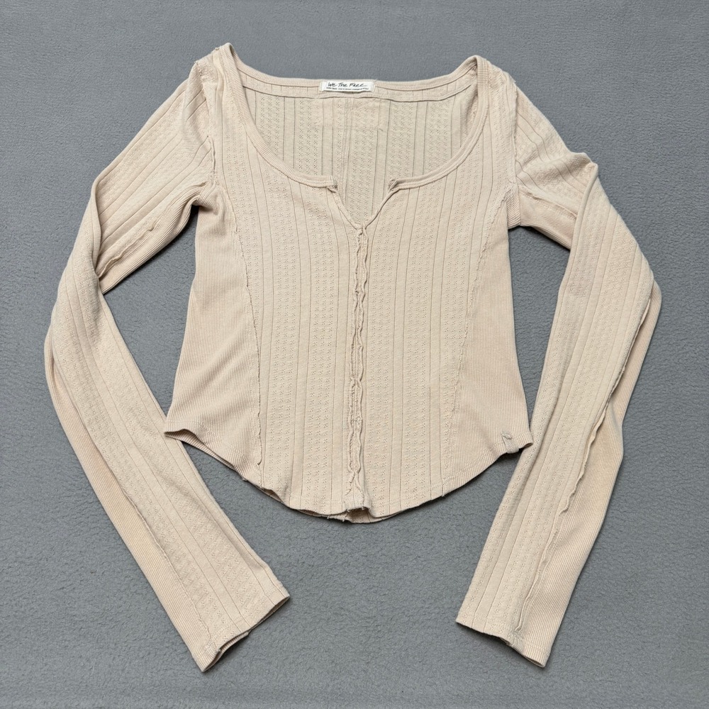 We The Free Long Sleeve Ribbed Scoop Neck Top in Beige